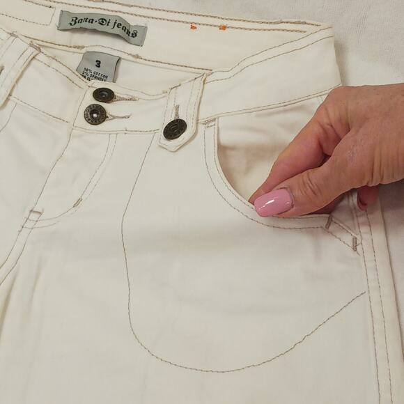 Y2K Capris Women's Sz 3 Ivory Cross Stitch Hand Enbroidered Floral Boho Festival - Picture 13 of 16